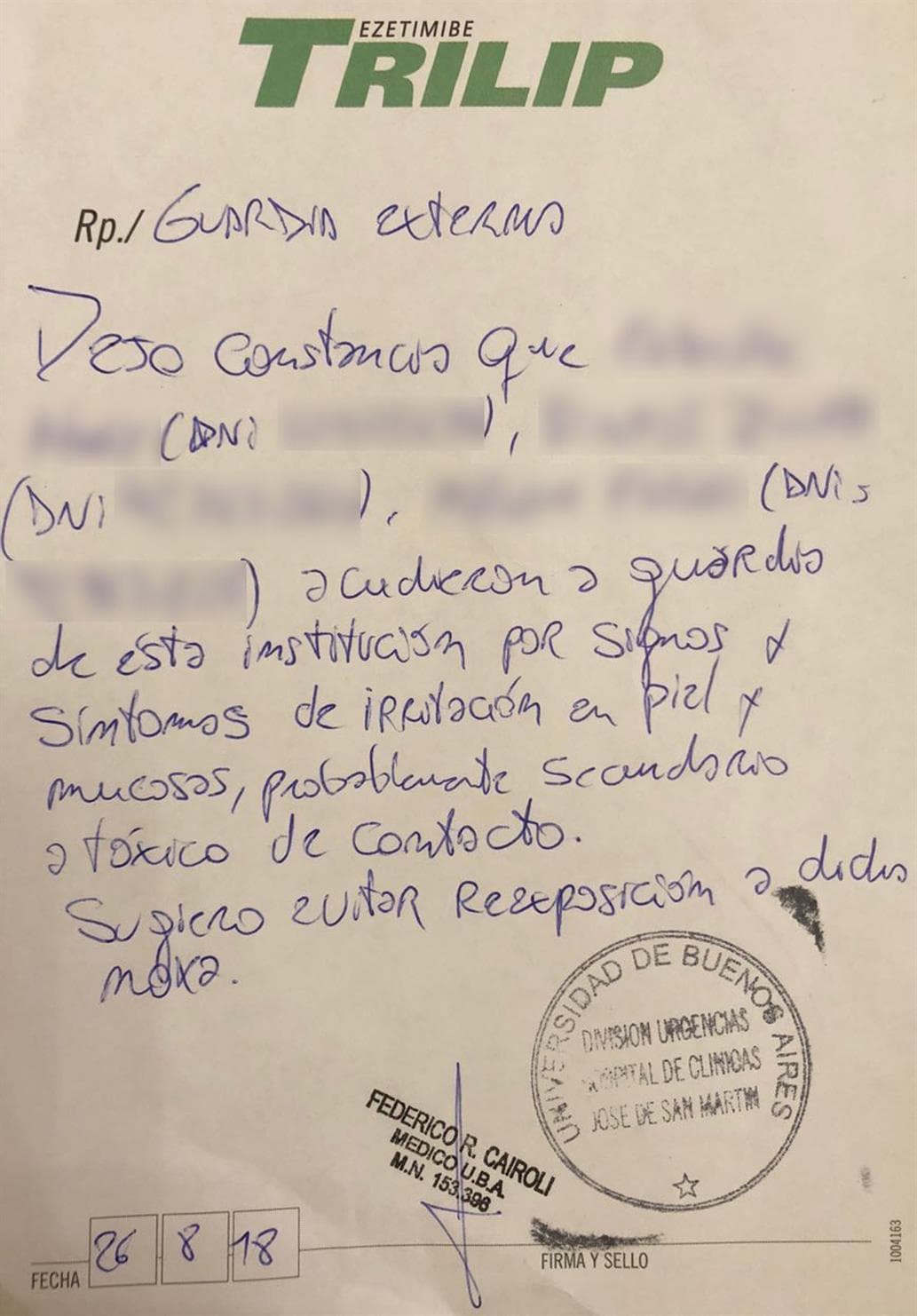 El Hospital de Clínicas confirma que las tres empleadas de Cristina tenían «síntomas de irritación»