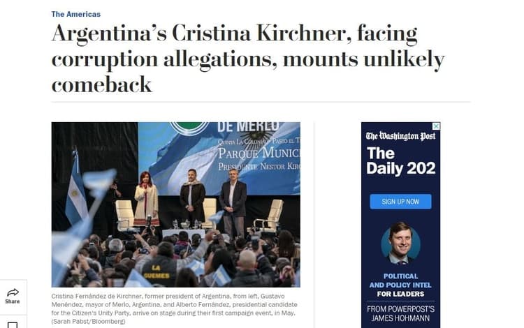The Washington Post habló del «impensado regreso de Cristina Kirchner pese a las causas de corrupción»