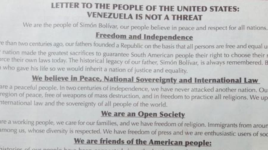 Nicolás Maduro publicó una solicitada en The New York Times: «Venezuela no es una amenaza»