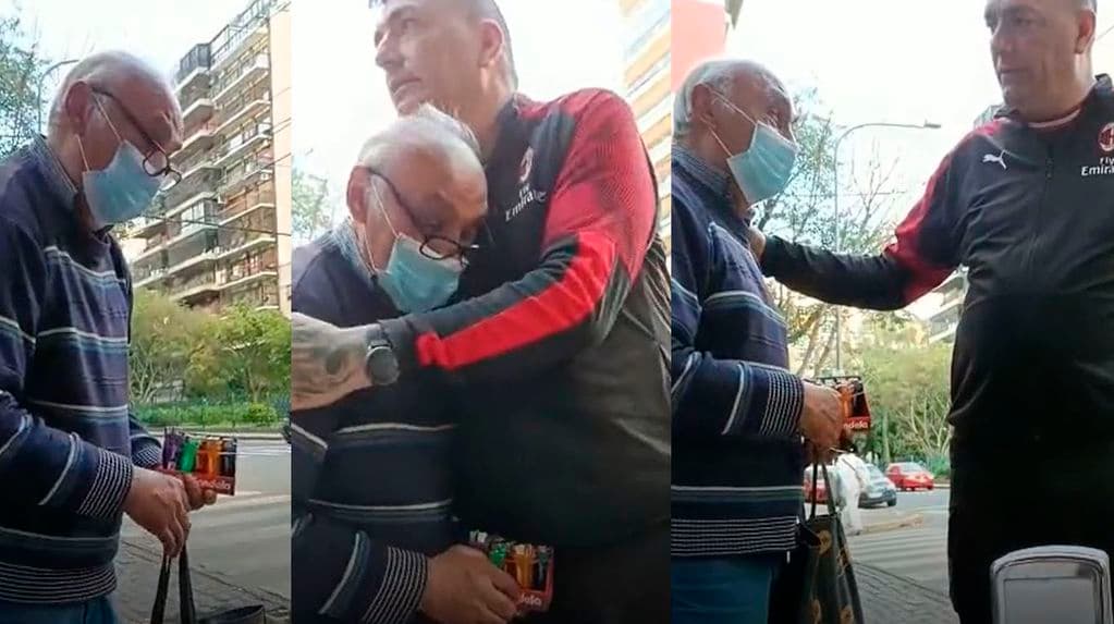 Un jubilado salió a vender productos en la calle porque no llega a fin de mes y un hombre se solidarizó