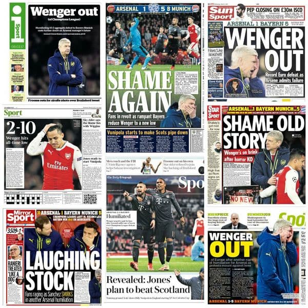 «Vergüenza», «Humillación» y «Fuera Wenger»: las portadas de la prensa británica tras la dura caída del Arsenal
