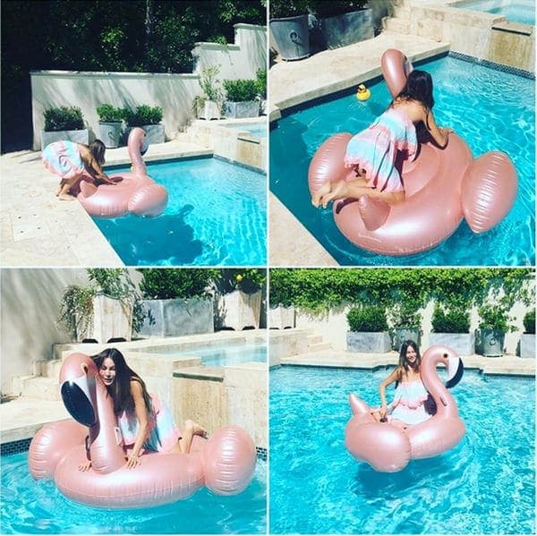 Sofía Vergara y una sugerente «batalla» contra un toro inflable en la pileta