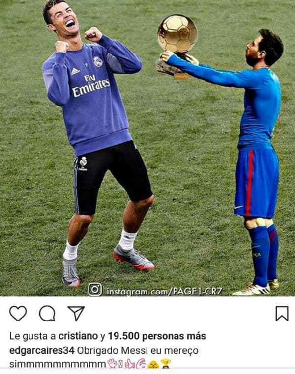 La reacción de Cristiano Ronaldo ante un meme sobre Lionel Messi y el Balón de Oro