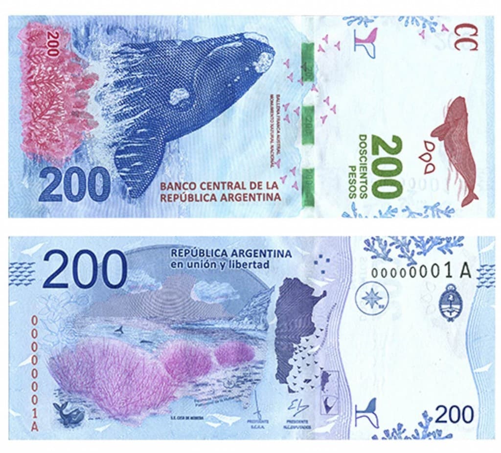 El billete de $200 con la imagen la ballena franca ganó como el mejor de Latinoamérica