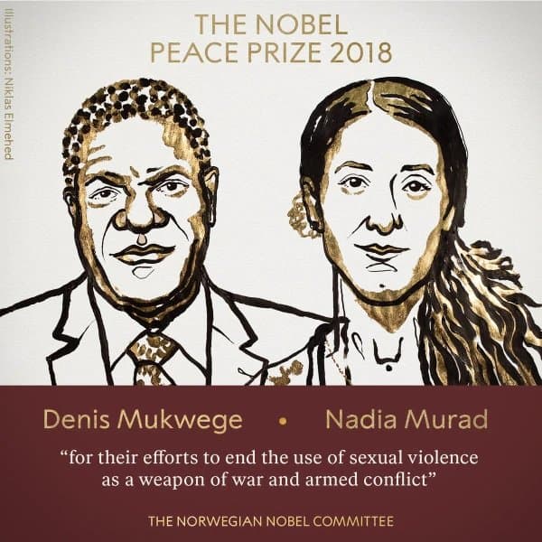 El Premio Nobel de la Paz fue otorgado al congoleño Mukwege y a la yazidí Murad por combatir la violencia sexual en conflictos armados